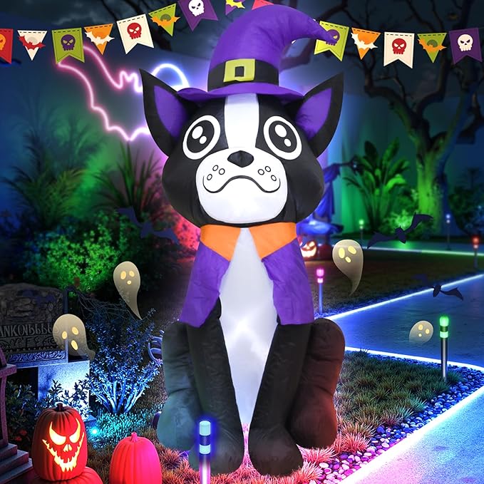 4FT Halloween Inflatable Decor Dog Purple Hat Halloween Blow Up Decoration with LED Lights Indoor Outdoor Yard Graden Party Holiday Decor