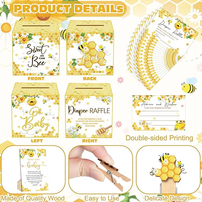 102 Pcs Baby Shower Game Supplies Diaper Raffle Tickets with Diaper Raffle Card Box Don't Say Baby Sign Mini Clothespin Shower Game Decor for Gender Reveal (Bee)