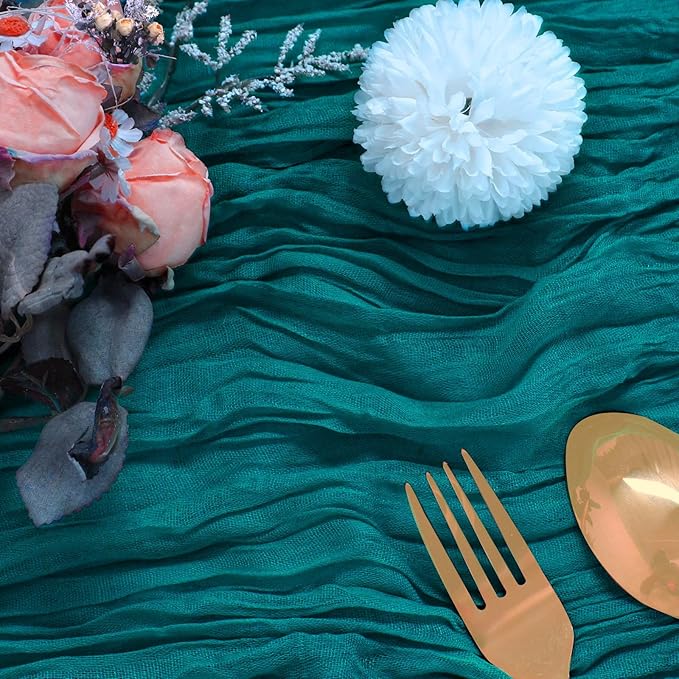 RestfulGlow12 Pack Teal Cheesecloth Table Runner 10FT Boho Gauze Fabric Table Runner 35 x 120 Inch Rustic Sheer Runner for Centerpiece Wedding Decor Baby Shower Party Boho Table Decoration(Teal)