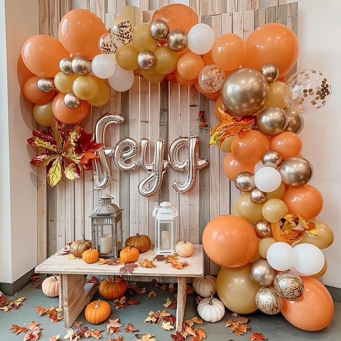 Fall Balloon Arch Kit, Orange balloon arch Thanksgiving Balloon Arch Garland with Sand Gold Burnt Orange Balloons for Birthday Little Pumpkin Wedding Fall Baby Shower Decorations