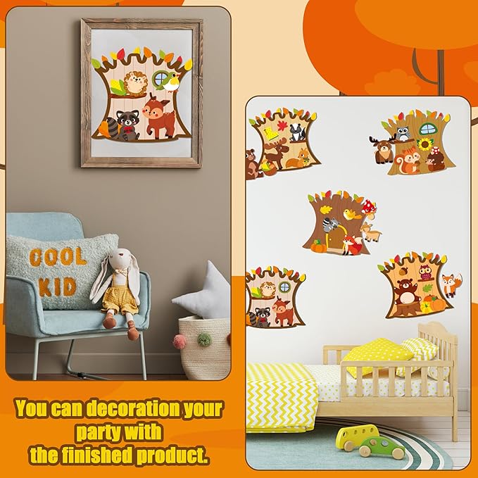 CY2SIDE 12 Sets Fall Woodland Animal Scene Sticker Art Craft for Kids, Make A Fall Woodland Scene with Fox Pumpkin Sticker, DIY Autumn Party Games for School Classroom Activities