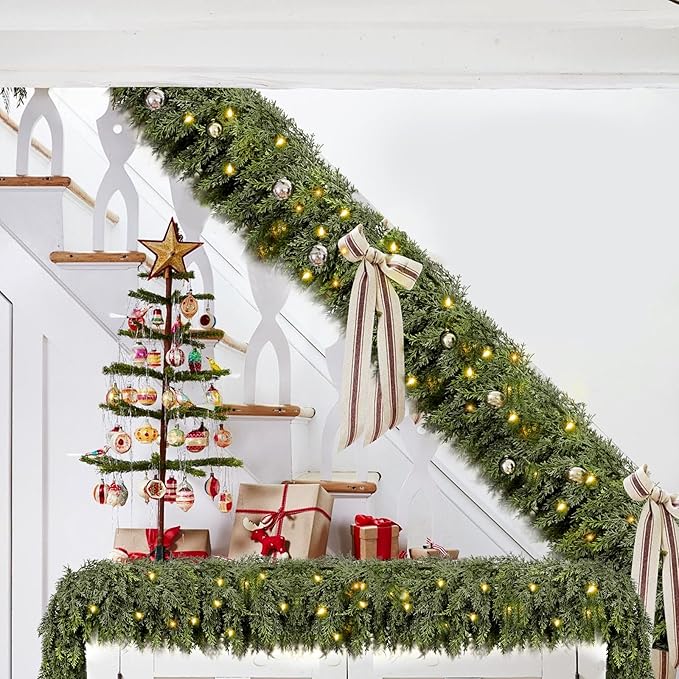 9FT Thick Pre-lit Christmas Garlands with 240 Cedar Branches, 50 Lights, Green Cedar Garland for Christmas Decorations, Artificial Greenery Garland for Table Mantle Wall Indoor Outdoor Holiday Decor