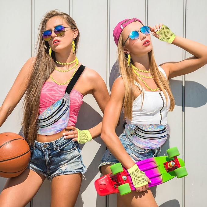 Handepo 19 Pcs 80s Costume Accessories Holographic Fanny Pack Leg Warmers Lace Headband Earrings Gloves Necklace Bracelet