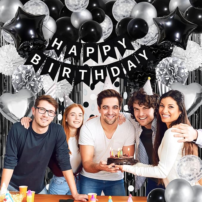 ZERODECO Black White Birthday Party Decorations, Happy Birthday Banner Pompoms White Black Balloon Arch Fringe Curtain Party Décor for Men Women Black and White Party