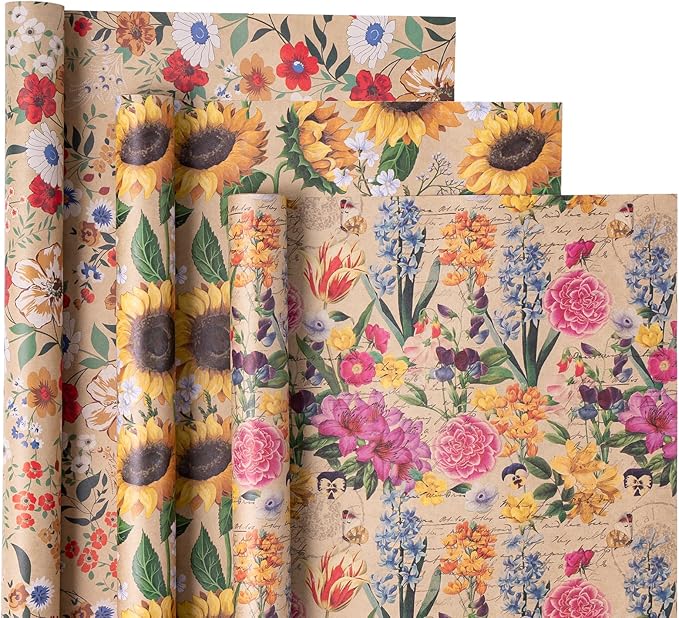 WRAPAHOLIC Kraft Floral Wrapping Paper - Mini Roll - 3 Rolls - 17 Inch x 120 Inch - All Occasion Vintage Flower and Sunflorwer Design for Wedding Bridal Shower Birthday