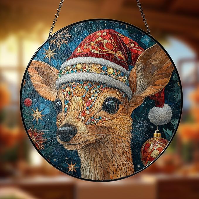 Deer Stained Glass Window Hanging - Deer Christmas Hanging Ornament - Deer Christmas Decor - Wall Decor for Indoor Outdoor - Xmas Gifts for Mom, Grandma