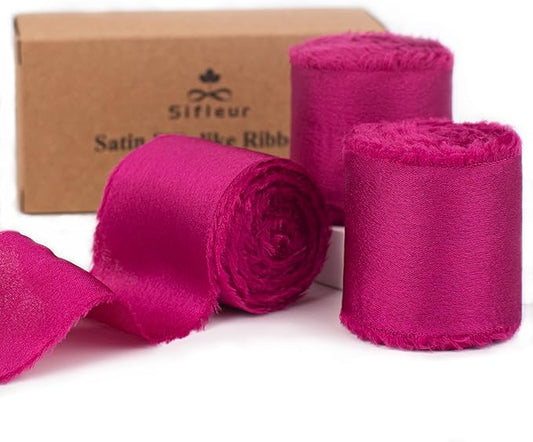 Satin Silk Ribbon, Hot Pink Ribbon for Wrapping, 1-1/2 inch x 15 Yd Handmade Frayed Fringe Ribbons, for Valentine's Day, Wedding Engagement Anniversary Shower Bouquets Invitation, 3 Rolls