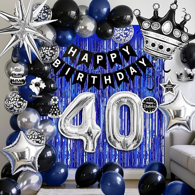 40th Birthday Decorations for Men and Women, Black Blue Silver Happy Birthday Number 40 Balloons, Banner, Fringe Curtains Garland Kit - 40 Year Old Party Supplies