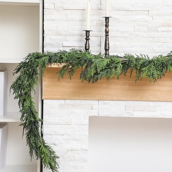 Jutom 1 Pcs 6 ft Christmas Cedar Garland Greenery Realistic Cedar Pine Needles Garland Artificial Decoration for Table, Mantel, Wall, Home Winter Holiday Party Decor