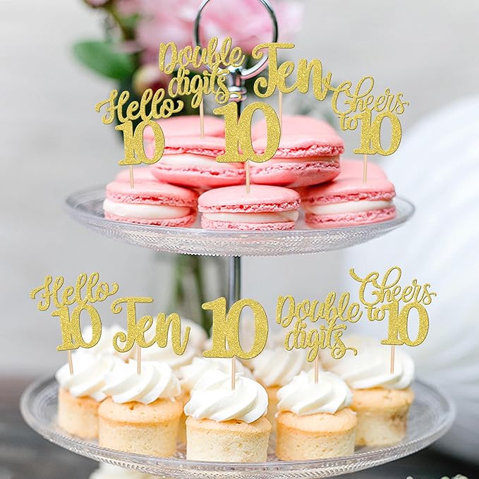 30PCS Happy 10th Birthday Cupcake Toppers Glitter Ten Double Digits Hello 10 Cupcake Picks Cheers to 10 Birthday Decorations for 10th Birthday Anniversary Party Cake Decorations Supplier Gold