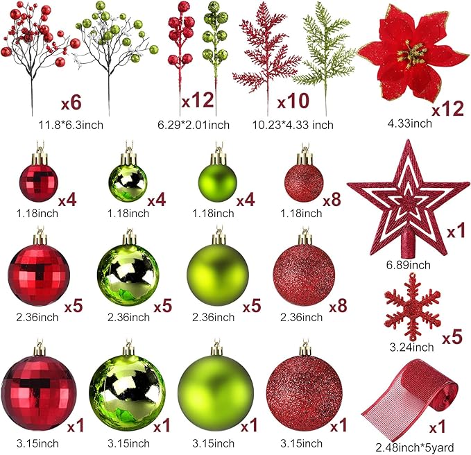 Sratte 94 Pcs Christmas Tree Decorations Set, Christmas Tree Ball Ornaments Glitter Poinsettia Flowers Decorations Glitter Berries Stems for Xmas Holiday Wedding(Green,Red)