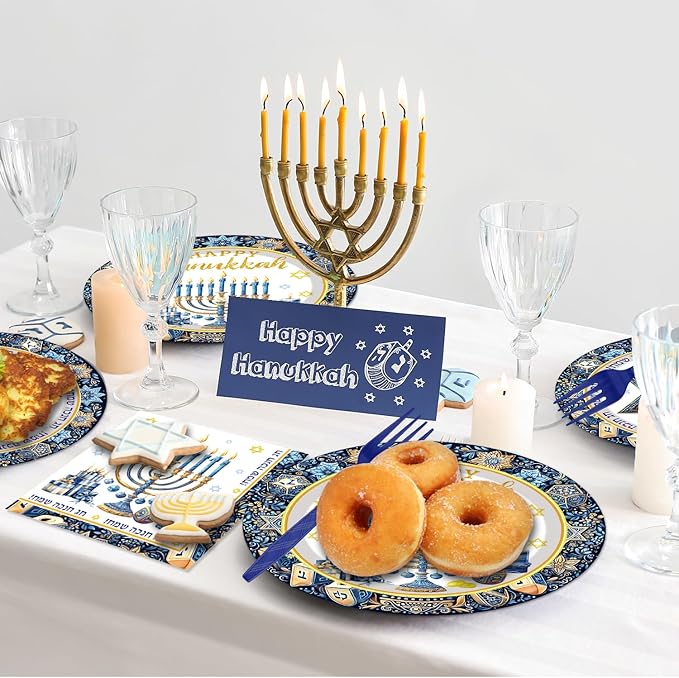 96Pcs Hanukkah Paper Plates Napkins Forks Happy Hanukkah Tableware Set with Menorah and Star of David Jewish Holiday Celebration Theme Party Supplies Serve 24 Guests