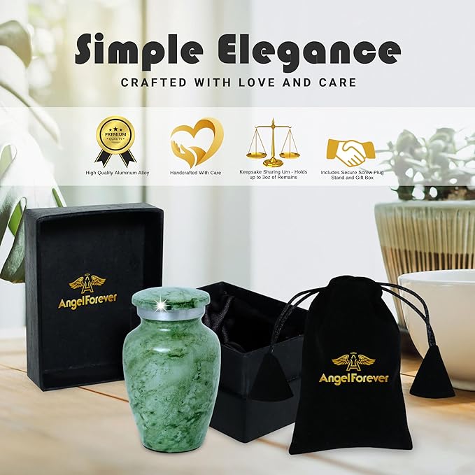 Small Keepsake Urn for Human or Pet Ashes – Handcrafted Light Green Marble Mini Urn with Velvet Bag & Gift Box | Durable Metal Memorial Token Jar for Baby, Infant, Pet or Loved One – 3 Cu in
