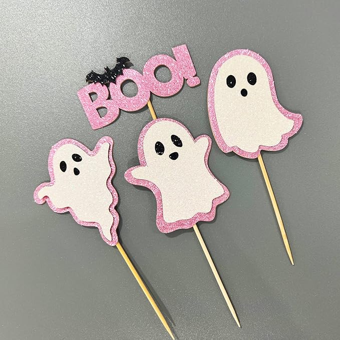 24 Pack Glitter Ghost Cupcake Toppers - Baby Shower Cupcake Toppers Decor Gender Reveal Party Decorations (Pink)