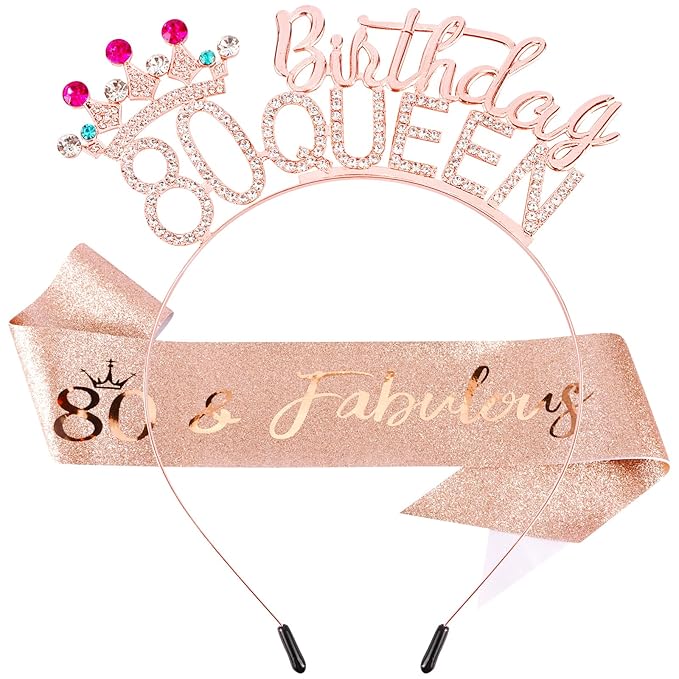 VELSCRUN 80th Birthday Queen Headband, Tiara Crown for Women, 80th Birthday Decorations for Her, Birth Queen Tiaras Crowns Sash for Women Mom Birth Party Decoration Hair Accessories Rose Gold