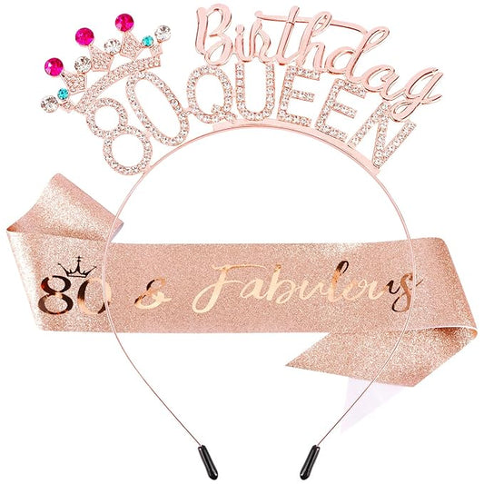 VELSCRUN 80th Birthday Queen Headband, Tiara Crown for Women, 80th Birthday Decorations for Her, Birth Queen Tiaras Crowns Sash for Women Mom Birth Party Decoration Hair Accessories Rose Gold