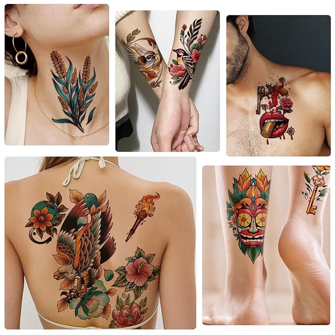77 Sheets Temporary Tattoo for Women Men, 17 Sheets Half Arm Skull Fox Tiger Cat Parrot Snake Fake Tattoos, 60 Sheets Vintage Traditional Tiny for Adult Kids Body Tattoos Stickers Waterproof Realistic