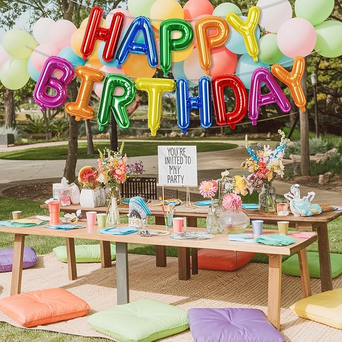 16 Inch Happy Birthday Banner Balloon - Rainbow Letters Foil Balloons, Self Inflating Multicolor Bunting for Kids Girls Boys Colorful Party Decorations