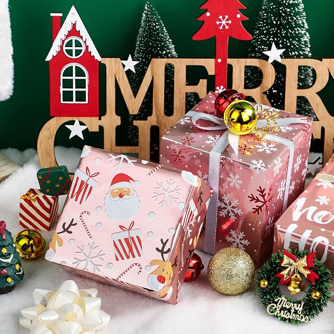 WRAPAHOLIC Christmas Wrapping Paper Set - Rose Gold Santa and Reindeer with Metallic Foil Shine Wrapping Paper Bundle with Gift Bow & Ribbon & Tag & Sticker