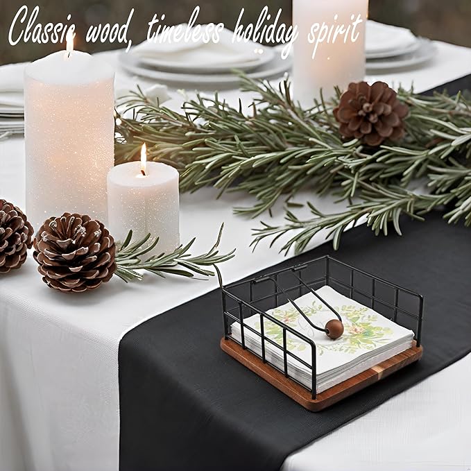 Acacia Wood Napkin Holder for Table, Farmhouse Square Napkin Dispenser with Wide Side Opening - Easy to Grab Paper Napkins for Dining Table & Kitchen Counter (7.7“x7.7"x3.3")