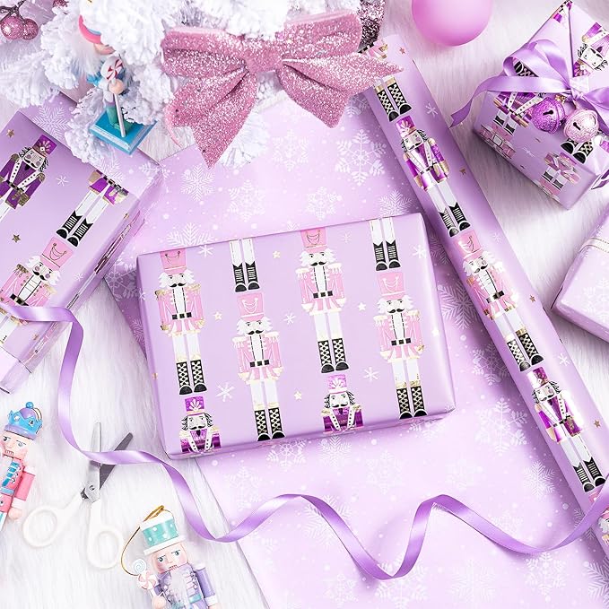 RUSPEPA 30" X 32.8' Reversible Christmas Wrapping Large Paper Roll, Jumbo Roll, Gold Foil Purple Nutcracker Soldier and Snowflakes Design Gift Wrap for Girls, Women, Family, Xmas Holiday Gifts