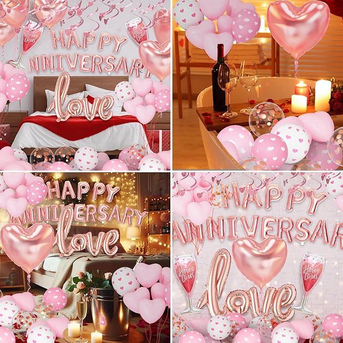 Bonropin Pink Valentine's Day & Anniversary Decorations: 36 Latex Balloons, 1 Glass Balloon, 1000 Rose Petals, Glue & More