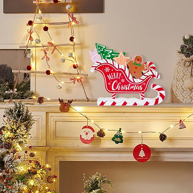 Christmas Decorations for Home Farmhouse Gingerbread Sleigh Decor Indoor Wooden Merry Christmas Sign Rustic Winter Vintage Holiday Block Tabletop for Kitchen Xmas Party Mantel Tiered Tray Gift
