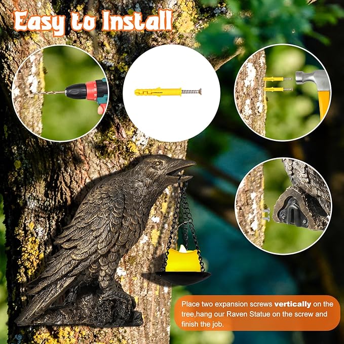 Halloween Decorations Outdoor Indoor Gothic Crow Wall Decor Table Candle Holder Raven Tealight Statue for Yard Patio Garden Bedroom Half Gold
