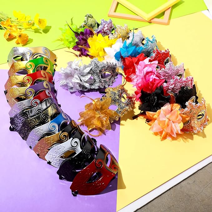 24 Pcs Mardi Gras Masquerade Mask Half Face Venetian Masks Vintage Mascarade Mask Antique Look Costumes Party Accessory for Women Men Halloween, 24 Styles and Colors