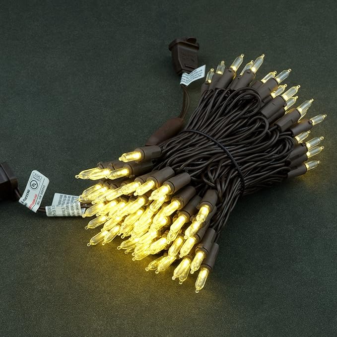 YULETIME Warm White LED Christmas Lights with Brown Wire, 33 ft 100 Count UL Certified Commercial Grade Holiday String Light Set (Warm White - Brown Wire)