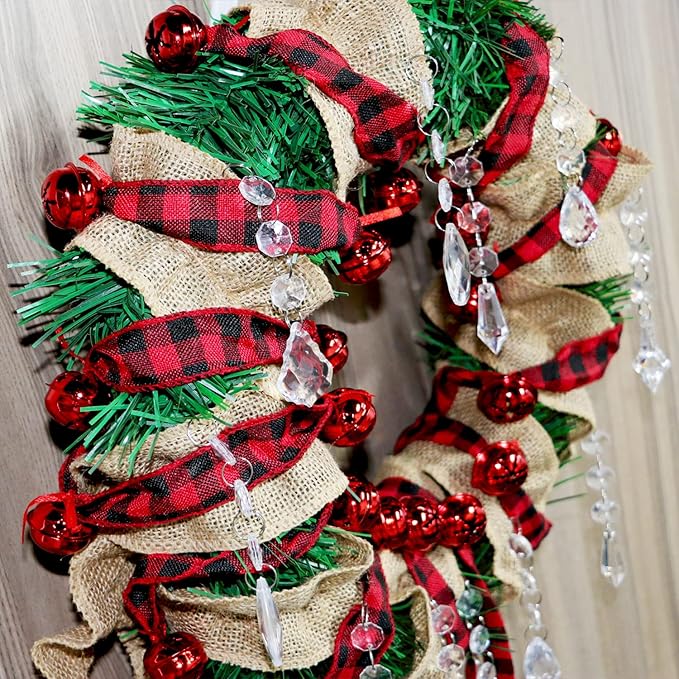Jishi Rustic Buffalo Plaid Ribbon Garland - 6 Yards with Jingle Bell & Metal Sleigh Bell Ornaments