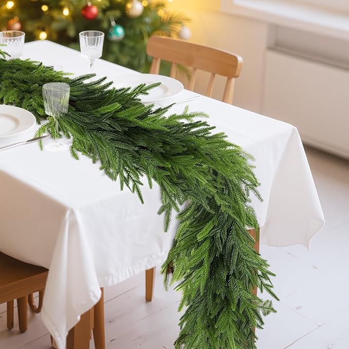 2Pcs 9FT Christmas Norfolk Pine Garland, Realistic Artificial Pine Garland, Real Touch Faux Greenery Christmas Garland for Table, Mantle, Winter Holiday Christmas Decorations Indoor Outdoor