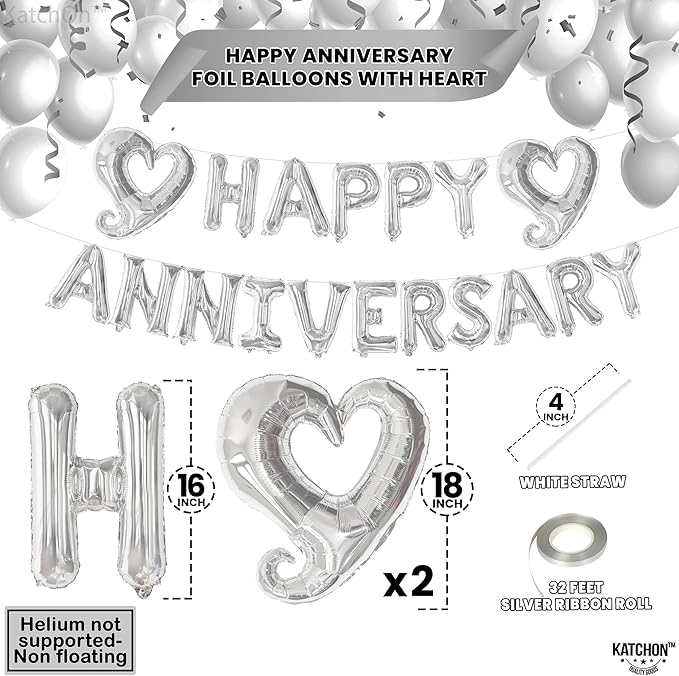 KatchOn, Silver Happy Anniversary Balloons Letters - Big, 18 Inch | Silver Happy Anniversary Balloon Banner | Heart Balloons