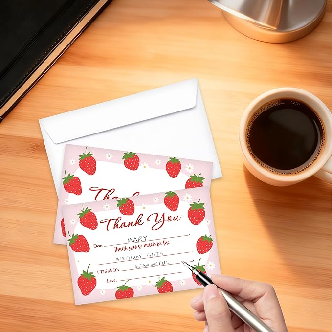 Kids Thank You Card, Strawberry Theme Thank You Notes, Watercolor Fruit Greeting Card With Envelope, Birthday Wedding Graduation Christmas Party Favors Supplies Decor(20 Pcs)-01