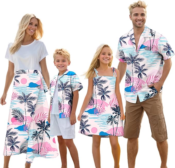 Cromoncent Matching Hawaiian Outfits for Family, Dad and Son Matching Luau Beach Tropical Shirts Mommy Daughter Tropical Sets