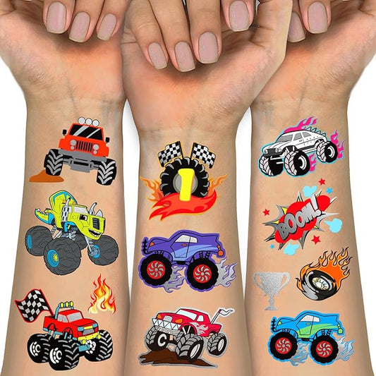 Temporary Tattoos for Kids, 75 PCS Truck Tattoos for Hot Wheel Birthday Party Decoration Favor, Metallic Tattoos, Monster Truck, Car Racing, Checkered Flag, Flames Tattoo for Boys Girls