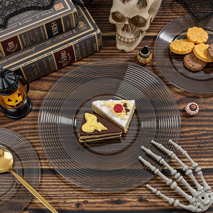 FLOWERCAT 100PCS Clear Black Plastic Plates Disposable Plates for Party - Heavy Duty Plastic Plates - 10" &7" Plate for 50 Guests Halloween Parties and Events (Smoke Gray)