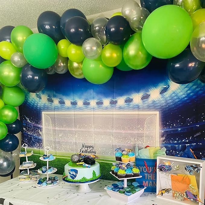 Blue and Green Balloon Garland Arch Kit, 100 PCS Lime Light Green Navy Blue Silver Confetti Latex Balloons Arch Kit for Boys Jungle Safari Dinosaur Birthday Football Game Party Decorations Supplies