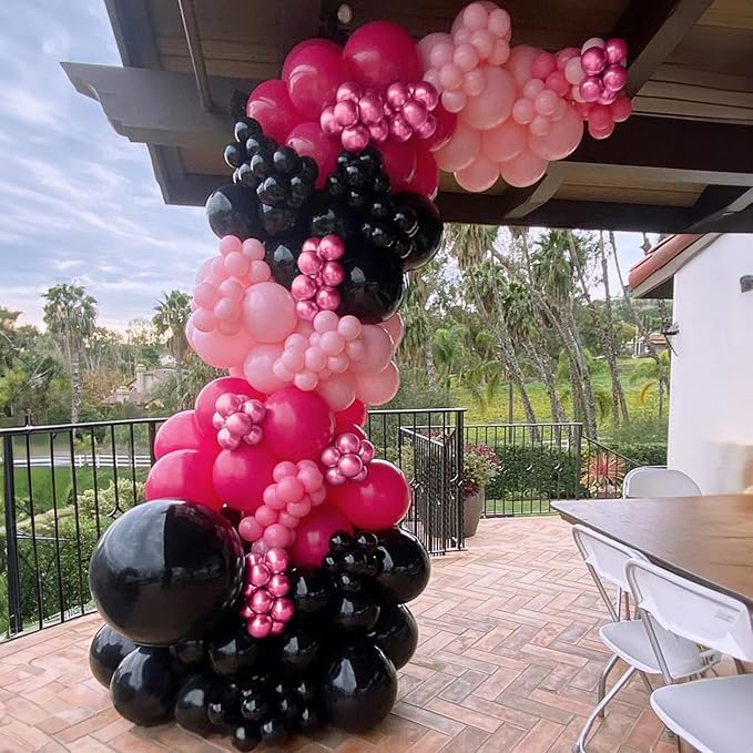 Pink and Black Balloons, 12 Inch Hot Pink Black Balloon with Confetti Balloons for Girls Women Birthday Baby Bridal Shower Wedding Theme Party Decoration
