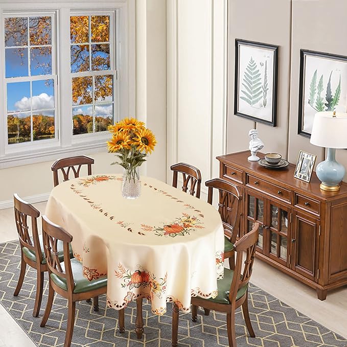 Simhomsen Large Embroidered Oval Fall Autumn Harvest Pumpkins Tablecloth for Thanksgiving (Oval 57×101 inches)