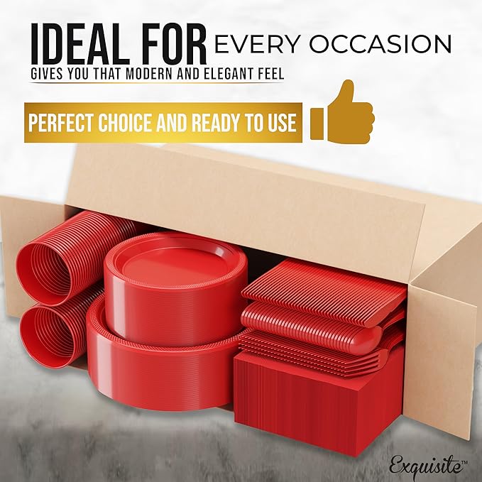Party Solids 350 Pieces Red Plastic Plates For Party, Red Disposable Plates Set, 50 Of Each 9" Dinner Plate Set, 7" Dessert Plate, Cups, Napkins & Cutlery Plastic Dinnerware