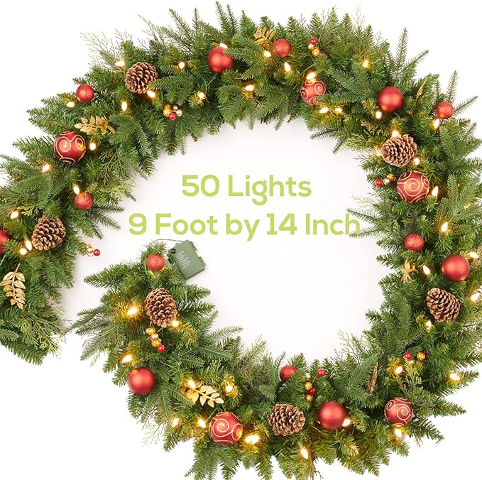 9FT Red Gold Christmas Garland Prelit with Battery Operated 50 LED Lights,Holiday Decoration Stairs Mantle Door Indoor Outdoor