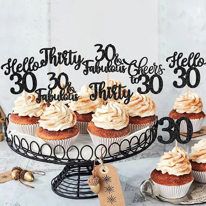 30PCS Happy 30th Birthday Cupcake Toppers Glitter Thirty Cheers to 30 Years Old Birthday Cupcake Picks Hello 30 Fabulous Cake Decorations for Happy 30th Birthday Anniversary Party Supplies Black