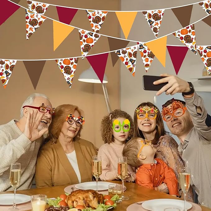 32Ft Thanksgiving Party Decorations Burgundy Brown Fall Banner Fabric Triangle Flag Pennant Garland Streamers for Happy Fall Thanksgiving Day Harvest Autumn Birthday Baby Shower Outdoor Garden Decor