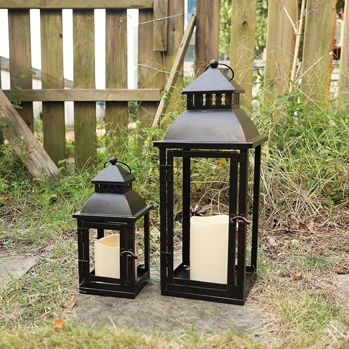 DECORKEY LED Lanterns Decorative Outdoor&Indoor, Set of 2 (17’’&11’’) Large Black Metal Lantern Decor with bronze brush, Candle Holder for Porch, Patio, Garden, Balcony, Wedding Decorations (No Glass)