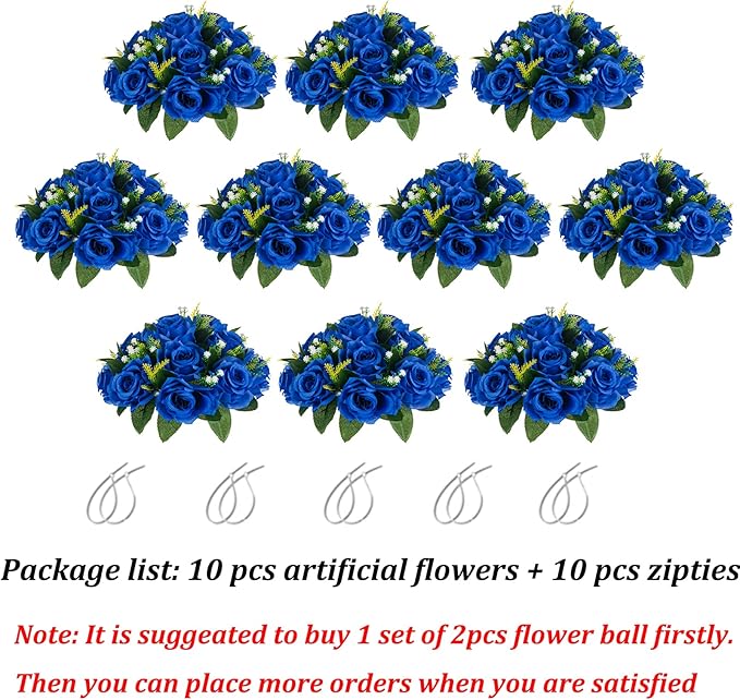 BLOSMON Royal Blue Flowers for Decoration: 10 Pcs Fake Roses Kissing Balls for Wedding Table Centerpieces - Artificial Floral Arrangements Home Baby Shower Birthday Party DIY Decor