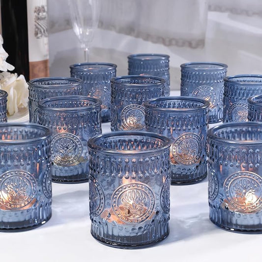 30pcs Votive Candle Holders, 2x2.5inch Blue Glass Tea Light Candle Holder Butterfly Pattern Votives for Wedding, Baby Shower, Party Decor