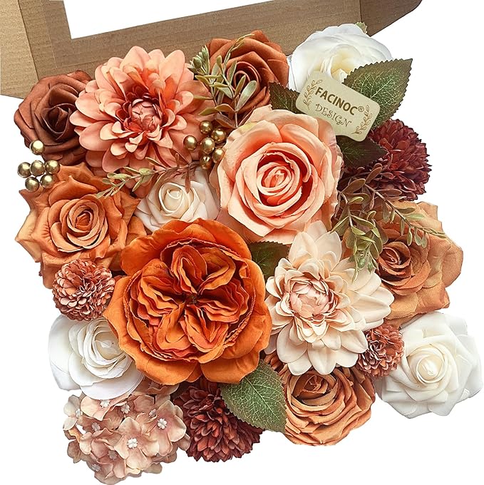 Orange Roses Artificial Flowers Fall Fake Flower Bulk for DIY Wedding Bouquet Bridal Baby Shower Centerpiece Table Decorations Faux Floral Arrangements for Party Home Decor Cake Decorating