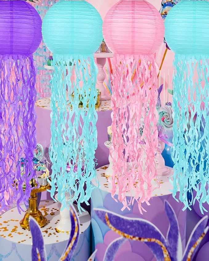 18 Pcs Jellyfish Paper Lanterns Jellyfish Lantern Hanging Decoration Ocean Theme Party Supplies Mermaid Birthday Decorations for Baby Shower Under The Sea Birthday Party Supplies(Vintage Color)