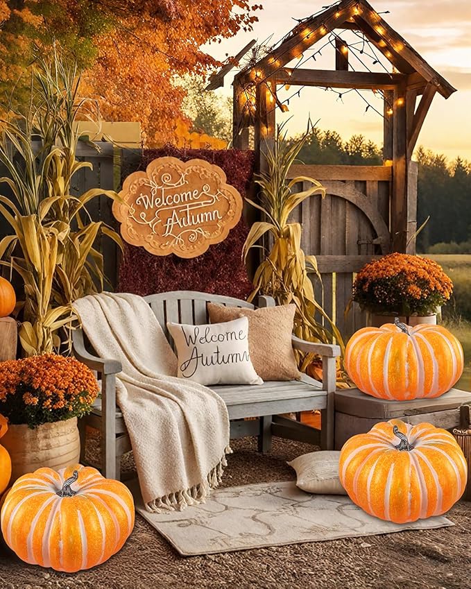 DuHouse Large 18.5”Artificial Pumpkin Decoration Fall Harvest Decor for Halloween, Thanksgiving, Porch, Indoor Outdoor Display(Flat Pumpkin)
